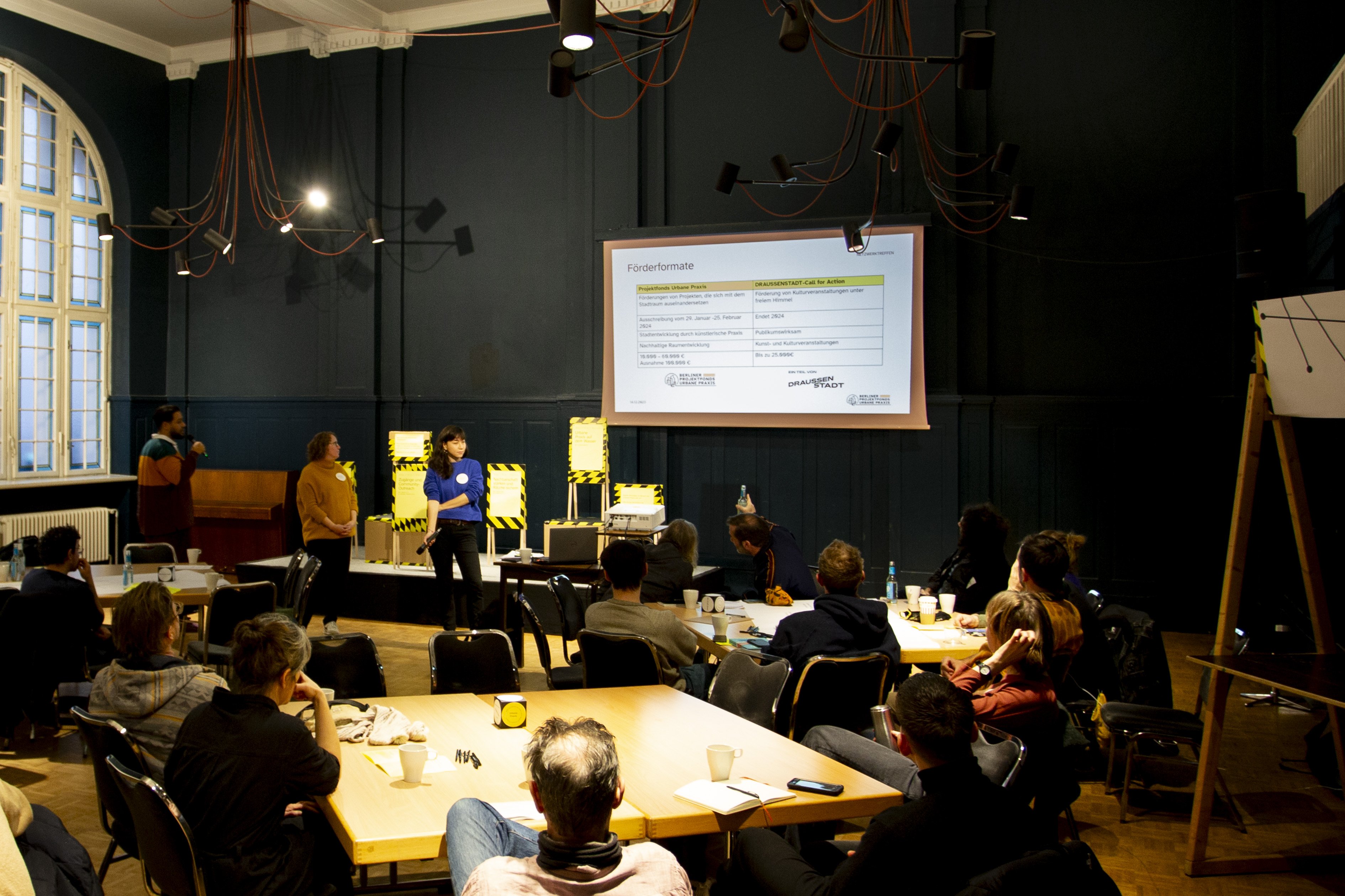 Im Vordergrund stehen drei Tischgruppen, an denen jeweils 4-7 Personen sitzen. Sie schauen die drei Repräsentant*innen des Berliner Projektfonds Urbane Praxis an. Hinter ihnen hängt eine Leinwand mit einer Tabelle über der  "Förderformate" steht.