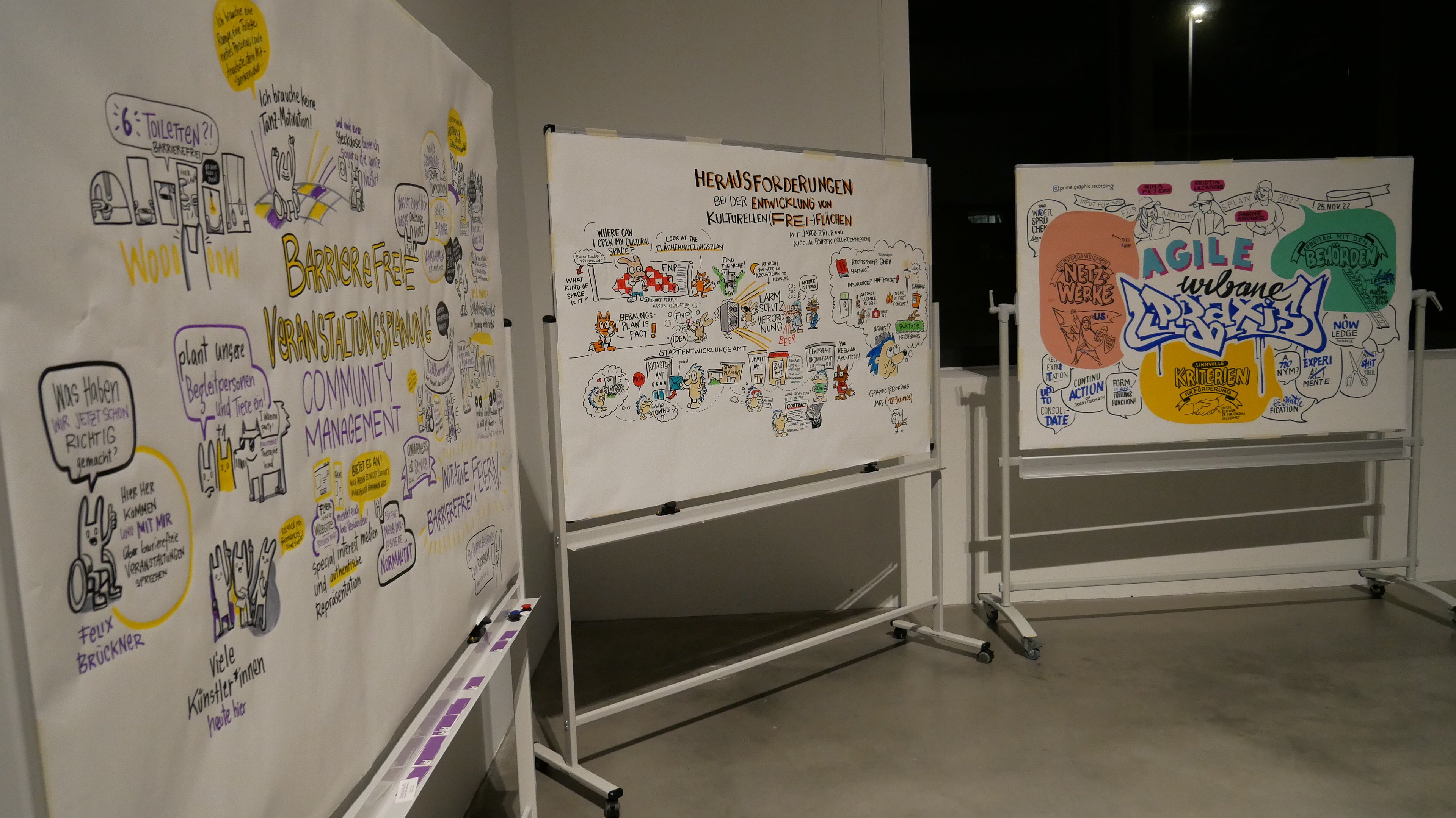 Drei Stehwände mit Papier stehen in einem Raum. Auf allen Wänden sind Informationen in Mindmaps gemalt und geschrieben.Themen der Wände: Barrierefreie Veranstaltungen, Herausforderungen kultureller Vielfalt, Agile urbane Praxis.