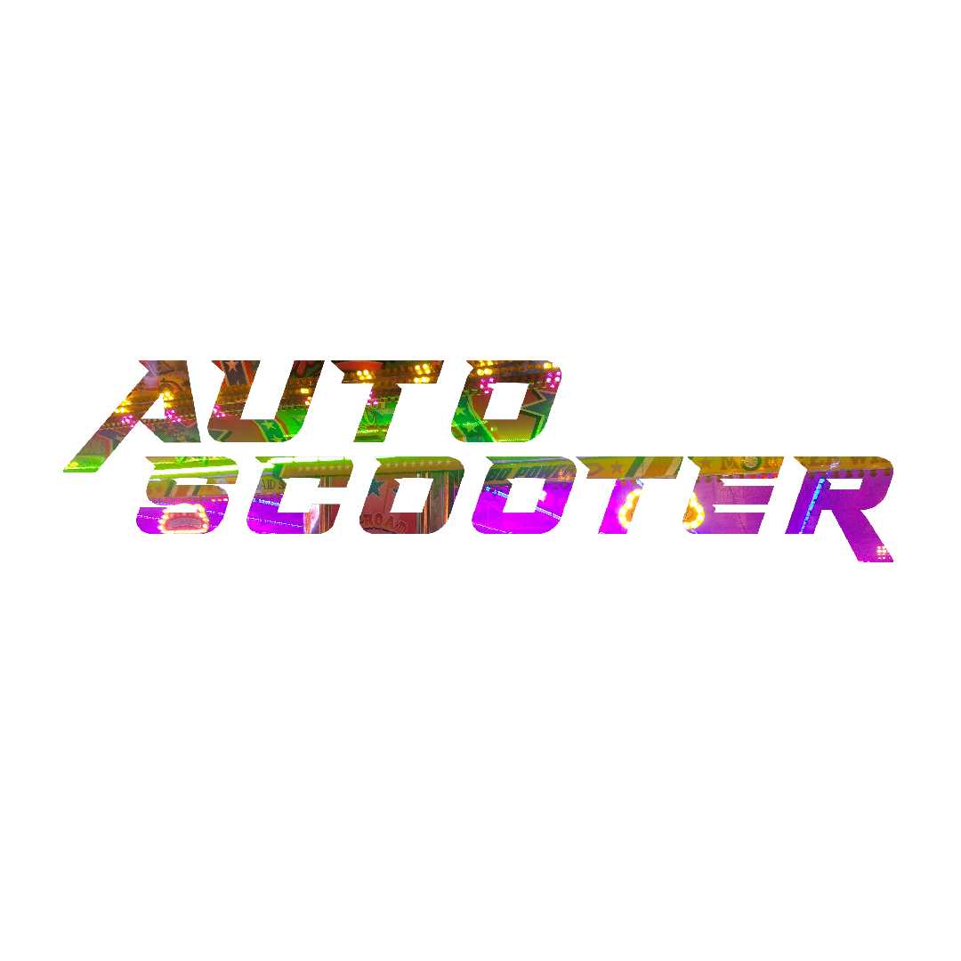 In lila, braun und grüngefärbten Buchstaben steht das Wort Autoscooter.
