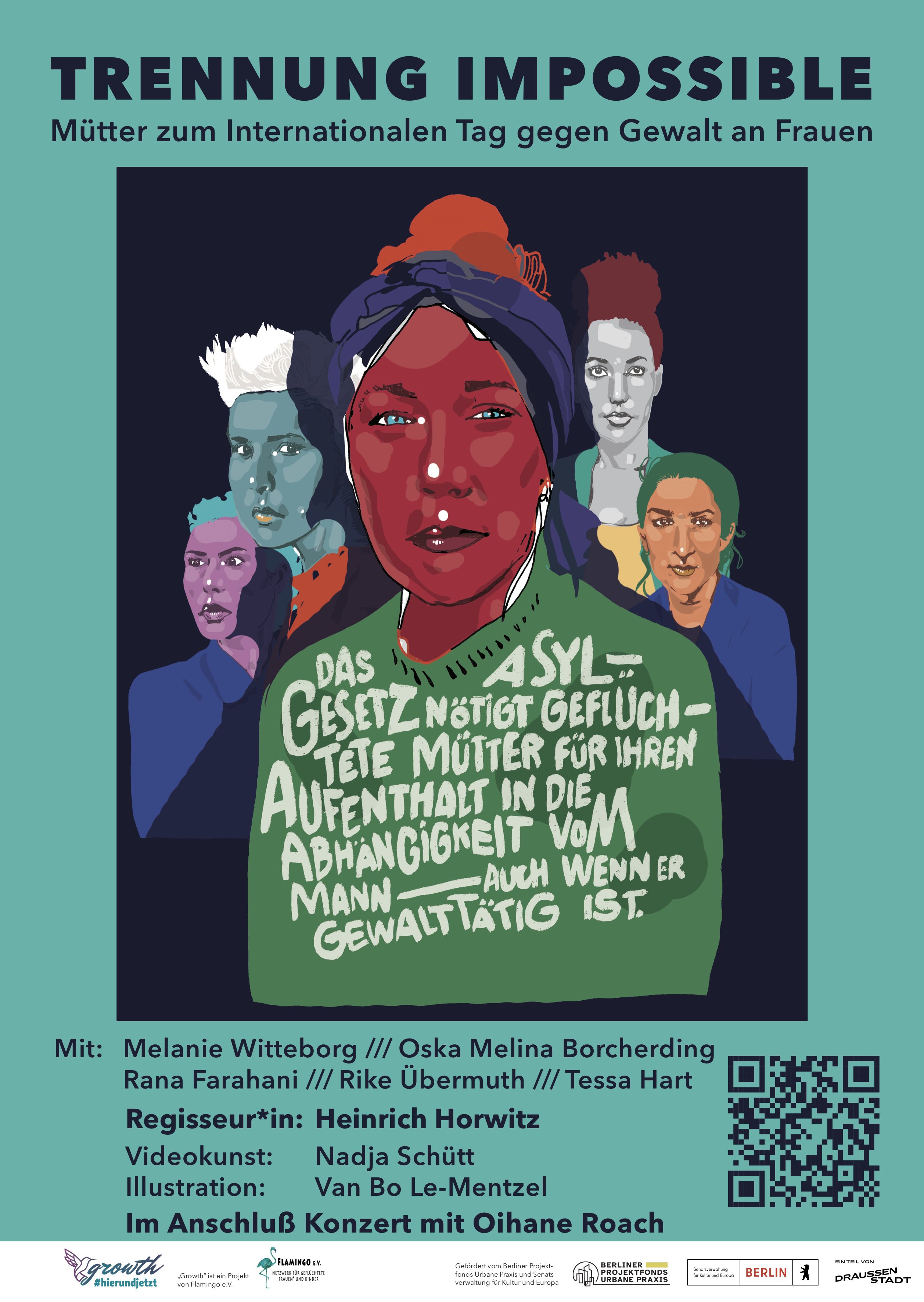 Illustrierter Flyer des Theaterstücks "Trennung Impossible" zum 25.November, Tag gegen Gewalt gegen Frauen. Zentral ist die Schauspielerin Melanie portraiert. Melanie trägt ein blaues Haarband und das Haar zum Dutt gebunden.