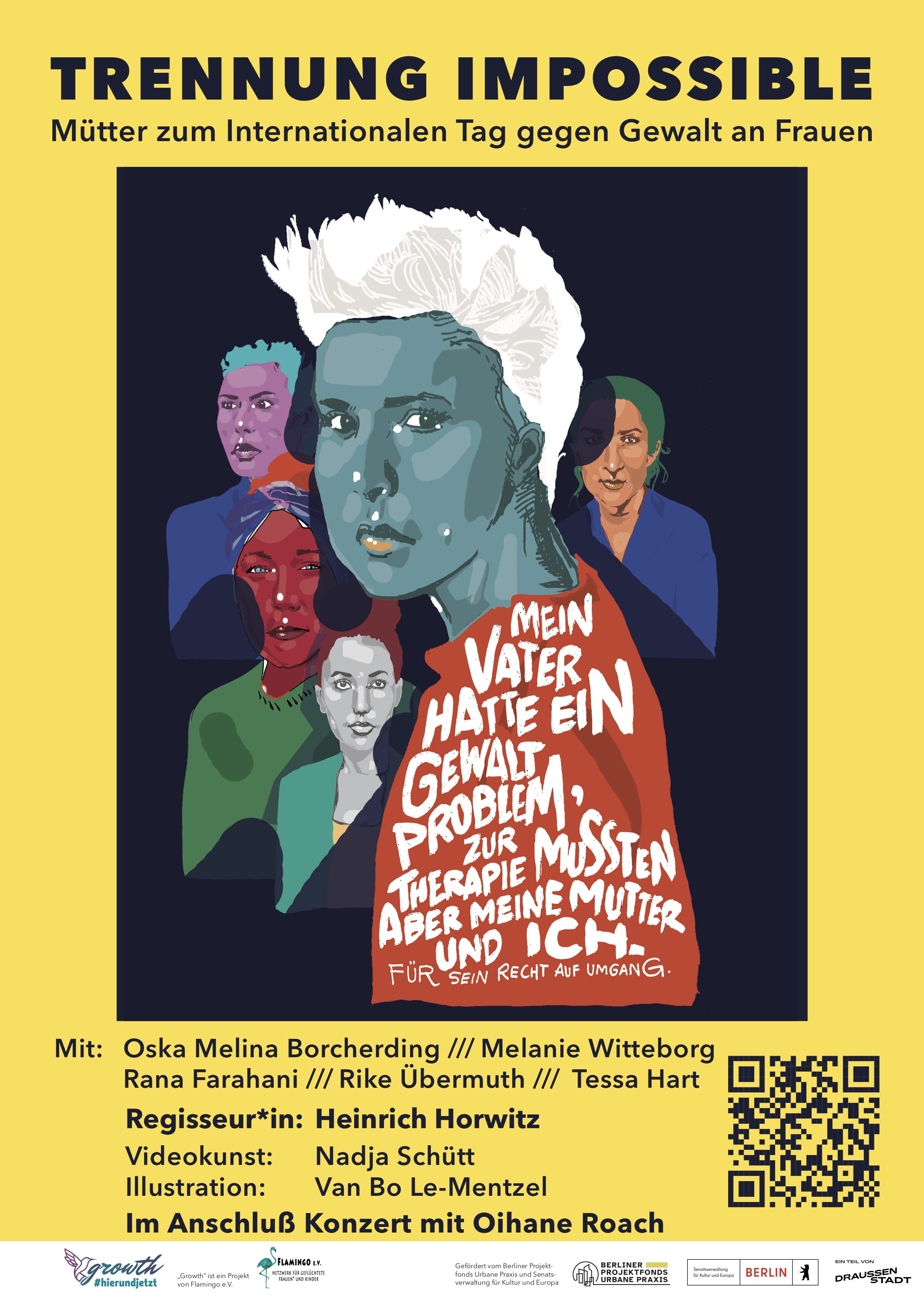 Illustrierter Flyer Trennung Impossible". Zentral ist Oska seitlich portraiert. Oska hat kurze glatte Haare. Auf dem T-Shirt steht "Mein Vater hatte ein Gewaltproblem. Zur Therapie mussten aber meine Mutter und ich für sein Recht auf Umgang."