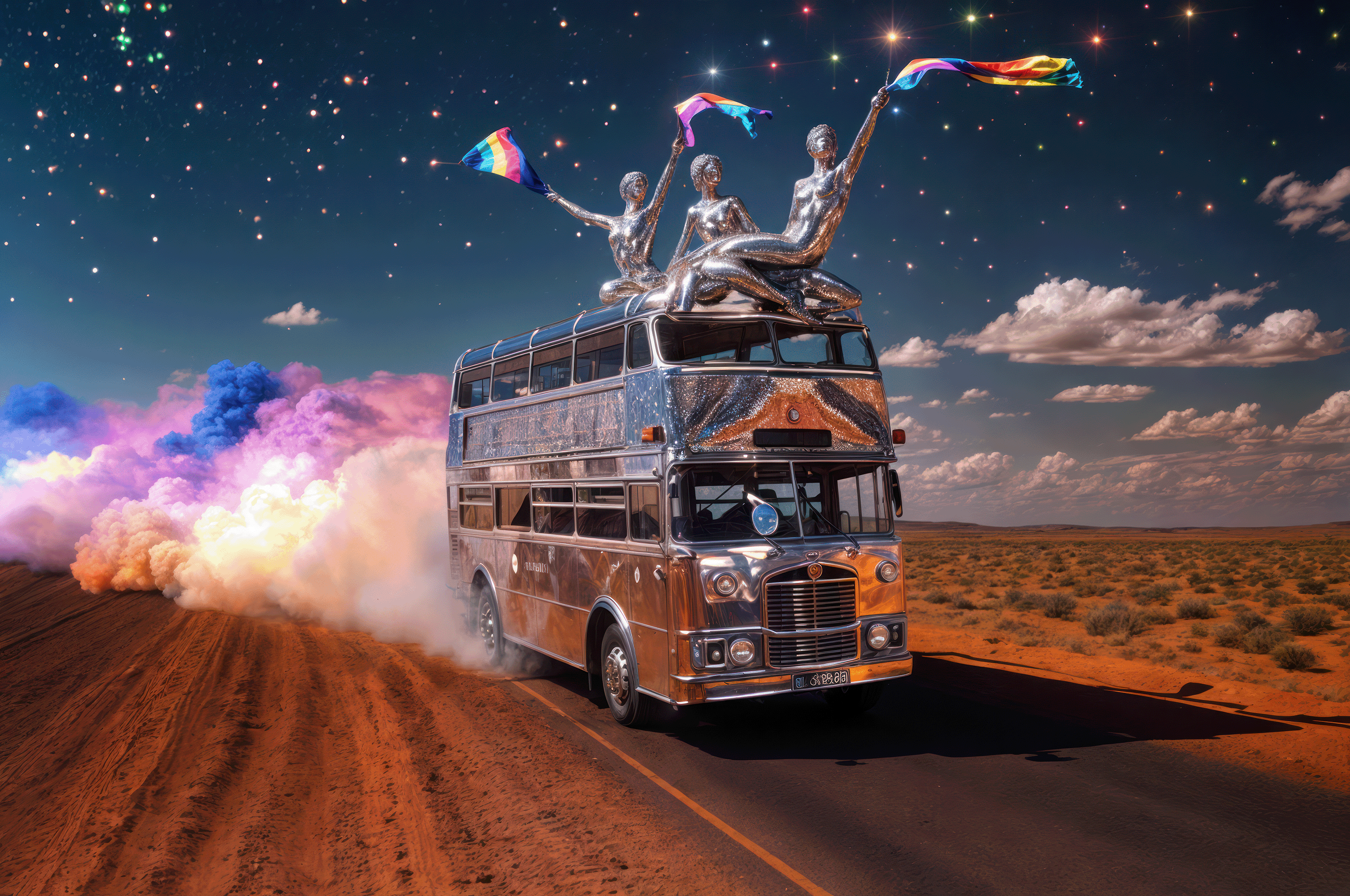 Ein animierter silberner Bus. Auf dem Bus sitzen drei Figuren, die Regenbogenflaggen schwenken. Sie fahren durch eine Wüste.