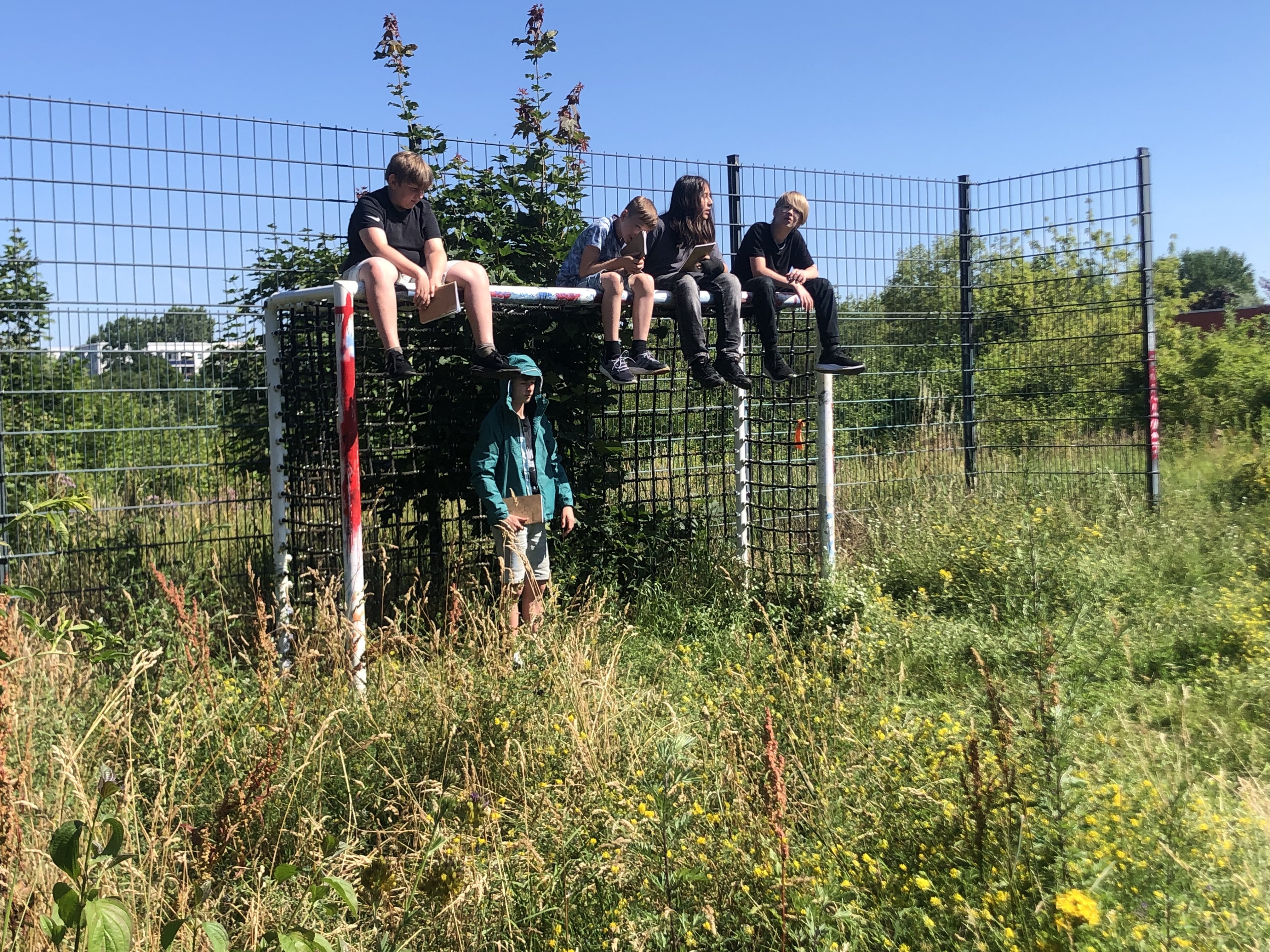 Ein Fußballtor in einem starkbewachsenen ehemaligen Fußballkäfig. 4 Kinder sitzen auf dem Tor, ein Kind steht im Tor.