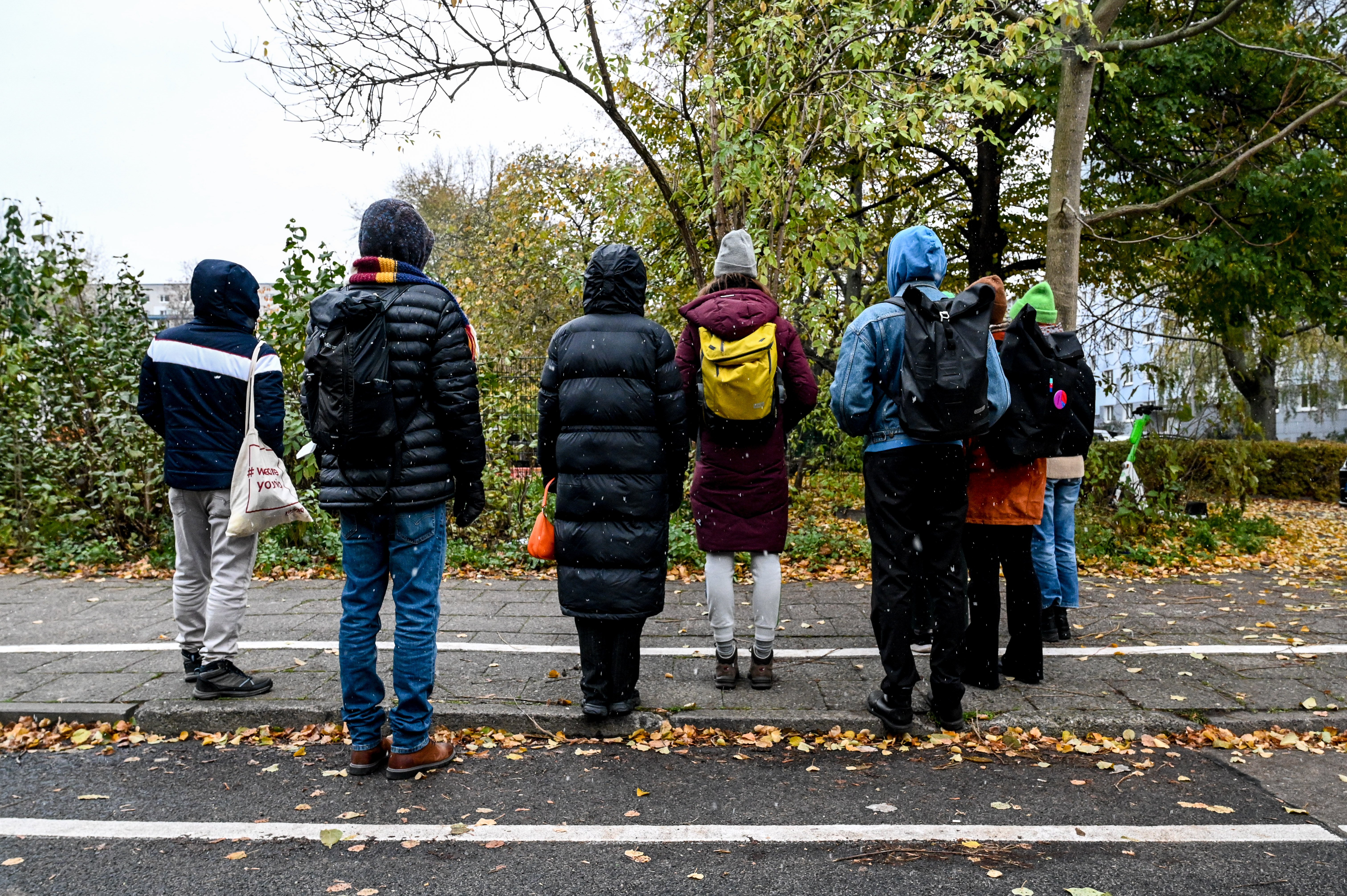 Sieben Personen stehen auf einem Bürgersteig, man sieht nur ihre Rücken. Sie hören zu.