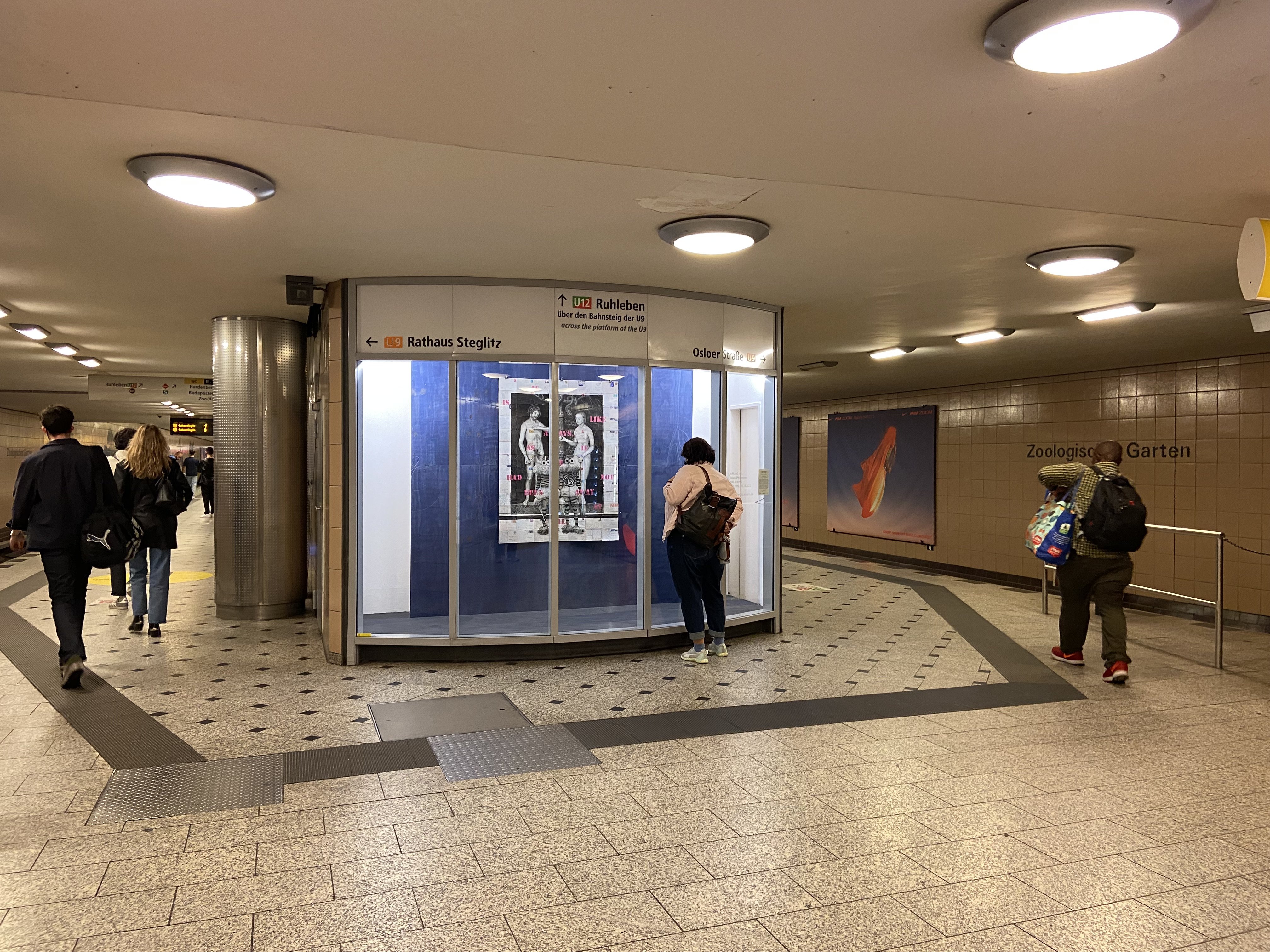 Foto von vorne. Die Vitrine im UBahnhof Zoologischer Garten ist zu sehen. In ihr die Collage.